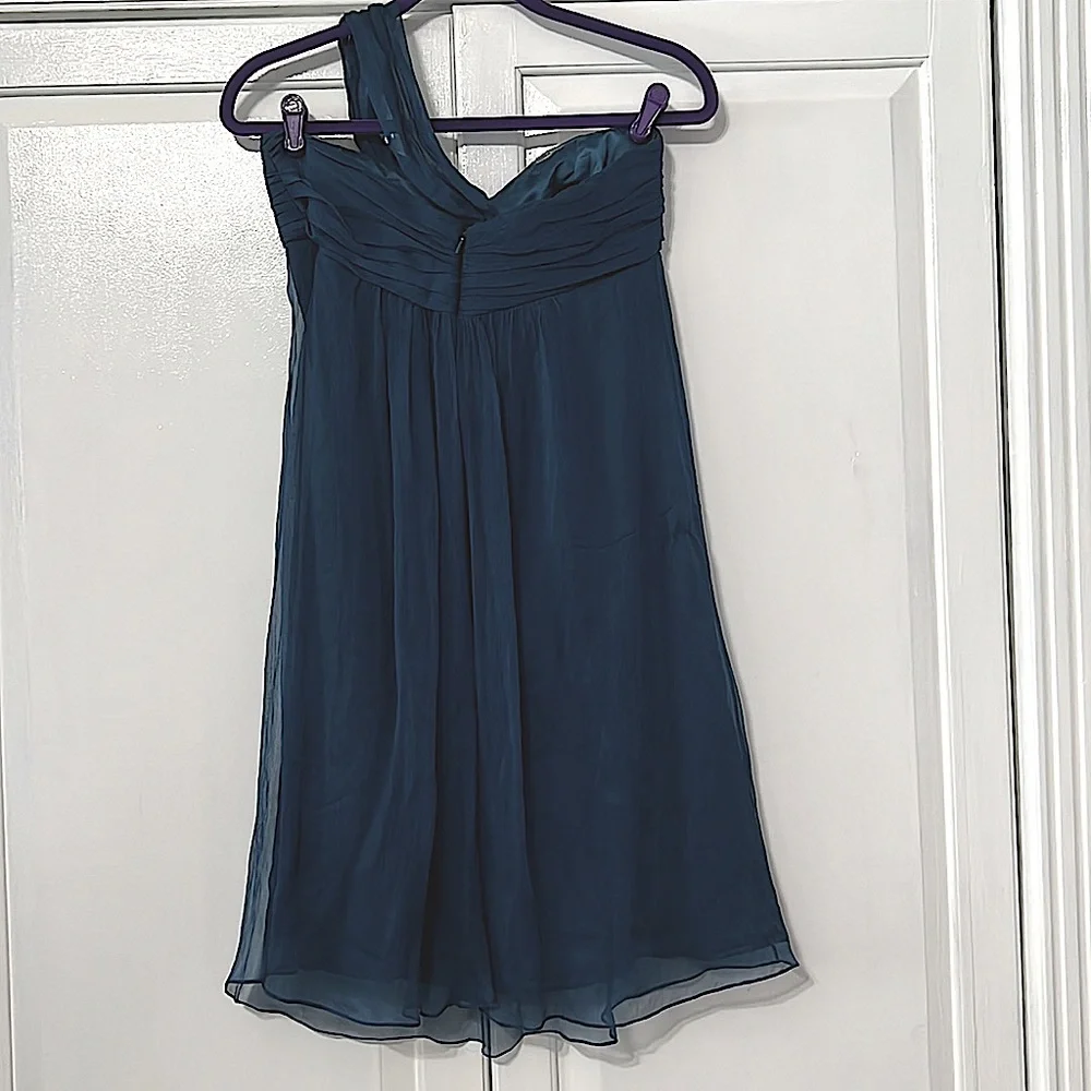 Amsale Silk Teal One Shoulder Strap Dress - Picture 9 of 14